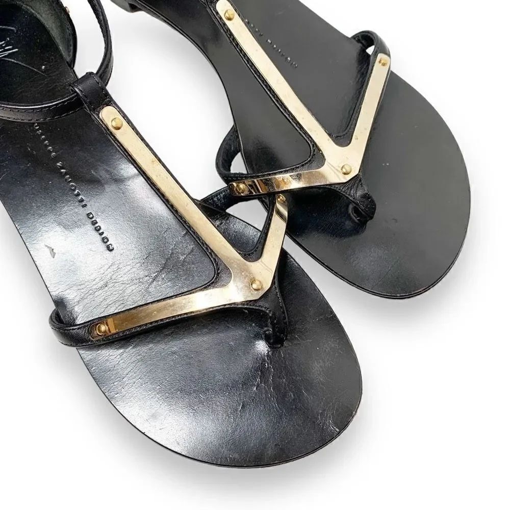 Giuseppe Zanotti Italian Black Leather Gold Metal Women’s Sandals Sz 38 (7.5 US) - Picture 5 of 8
